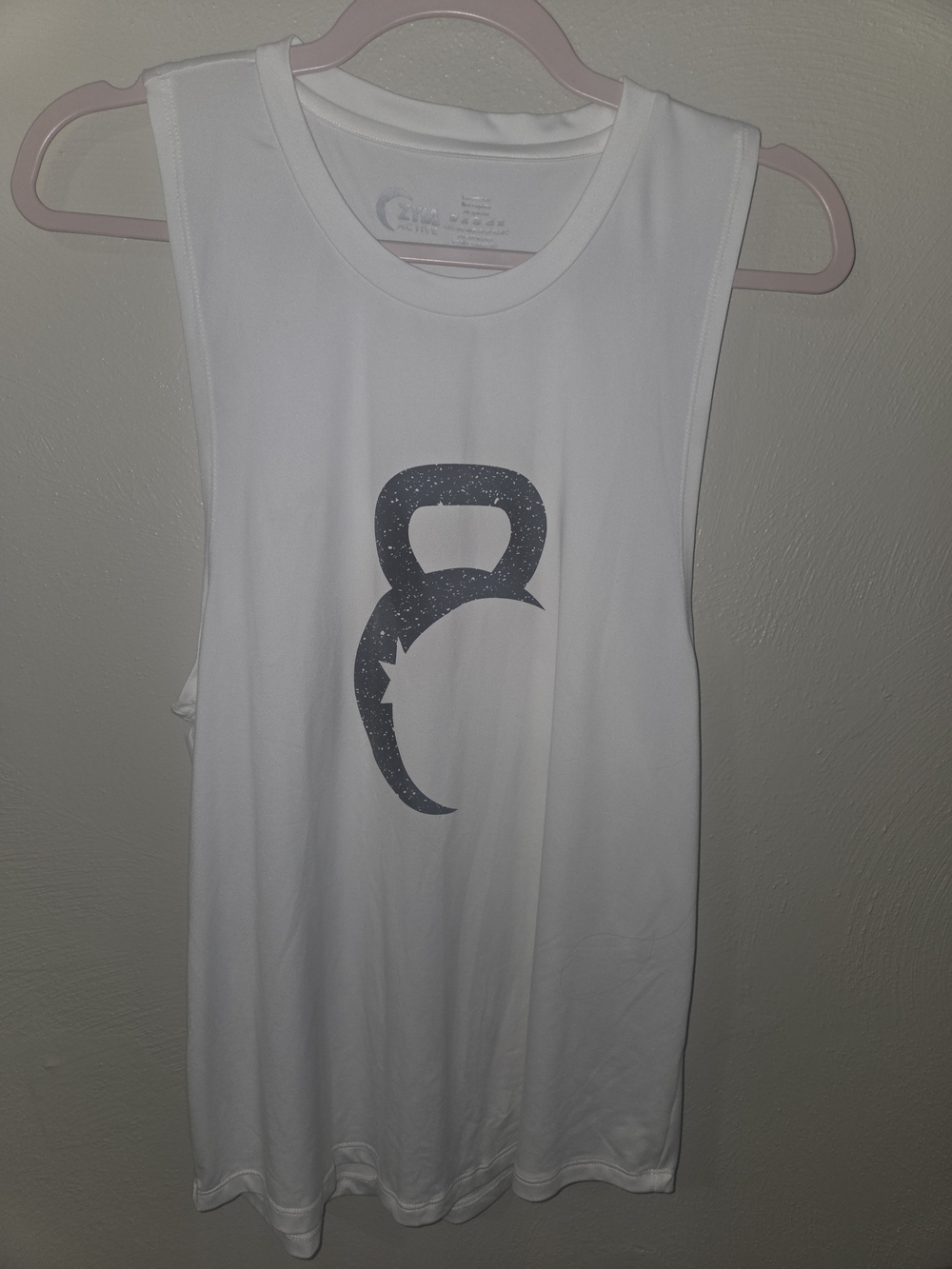 White Sleeveless Athletic Tank with Dark Gray Kettlebell Graphic